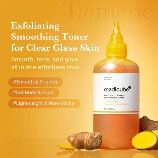 تونر لایه بردار و روشن کننده زردچوبه مدی کیوب Medicube مدل Kojic Acid Turmeric Resurfacing Toner حجم 250ml